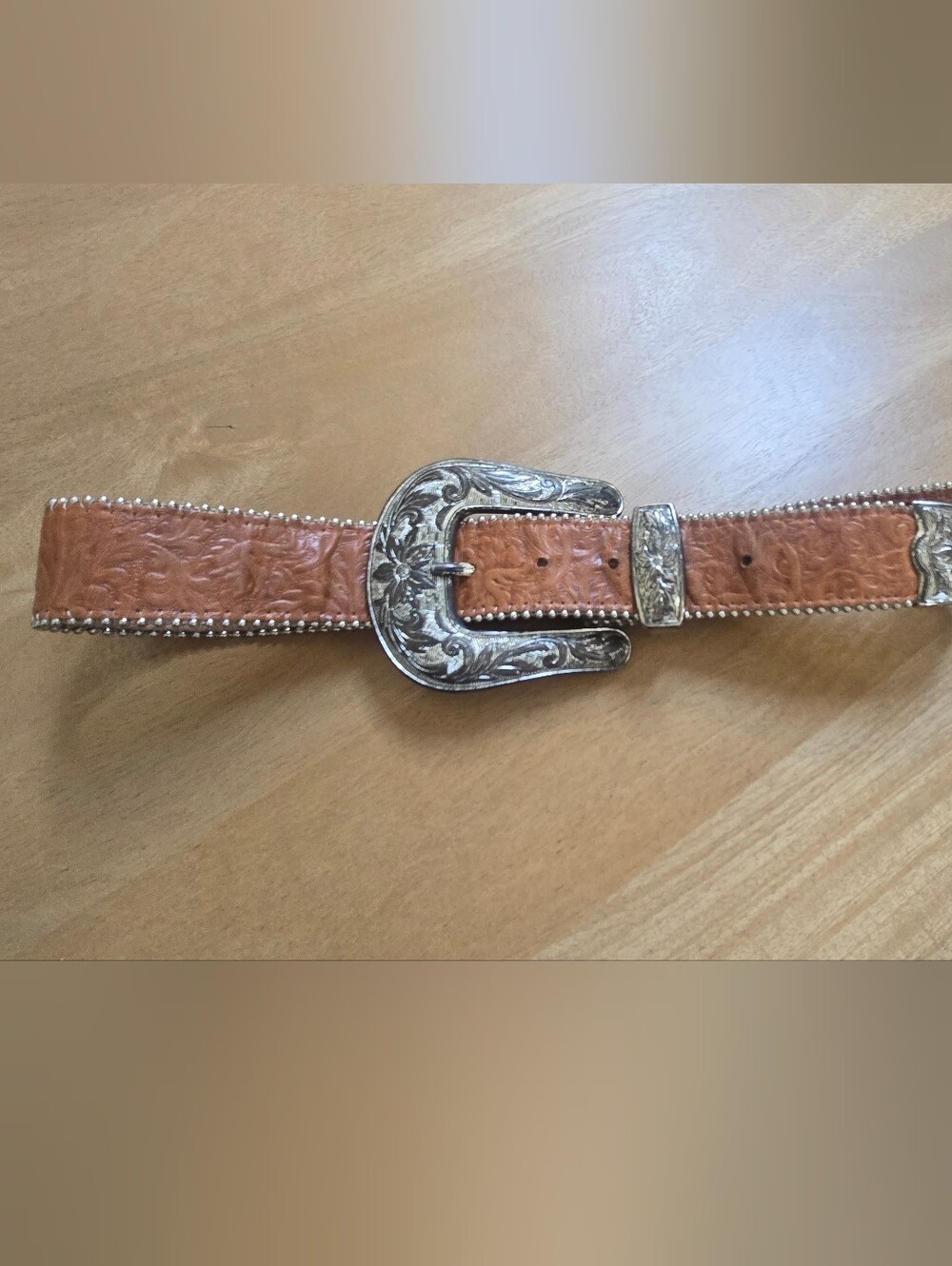Tooled Tan Western Leather Belt with Ornate Silver Buckle